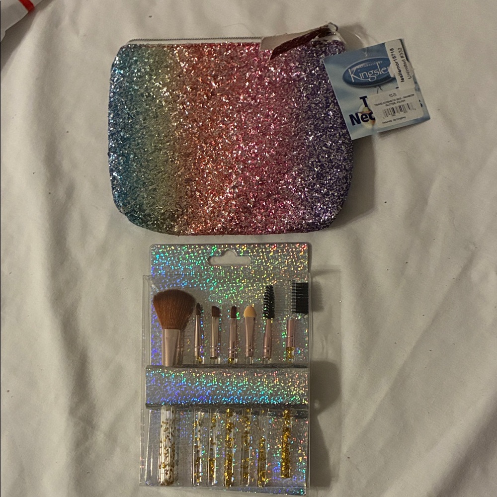 Kensie Glitter Makeup Brush Set with Rainbow Pouch